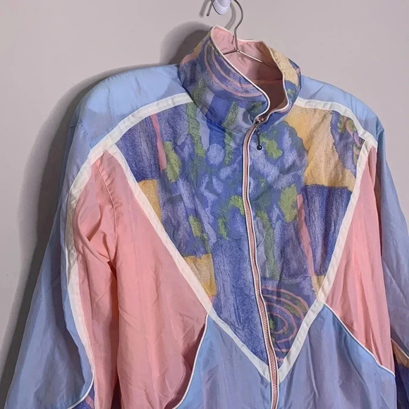 Vintage Retro Pastel Pink Blue East West Zip Up Windbreaker Jacket Size Medium - Picture 2 of 6